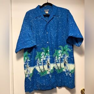 Tropical Hawaiian Vintage Blue Palm Print Casual Shirt Button Down